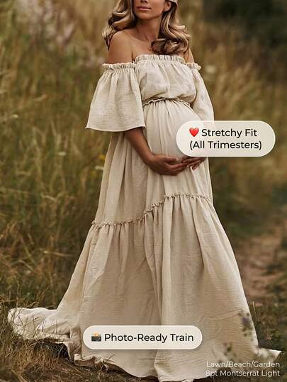 Maternity Solid Color Ruffle Off-Shoulder Photoshoot Dress