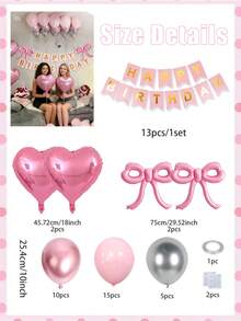 粉色蝴蝶结生日气球套装，包含18英寸心形气球和16英寸生日横幅铝箔气球，适合生日派对装饰、女士粉色生日装饰、生日快乐派对装饰