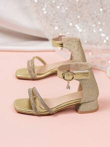 1 Pair Children's Sparkling Rhinestone High Heel Sandals, Featuring Fashionable T-Strap Design, Rhinestone-Encrusted Uppers, Elegant Ankle Strap And Pendant Decor, Chunky Heel For Stability. Suitable For Little Girls To Wear At Formal Occasions Like Weddings, Parties Or Birthday Events, Shining Brightly With Every Step And Becoming The Center Of Attention. - 金色 - 查看 3