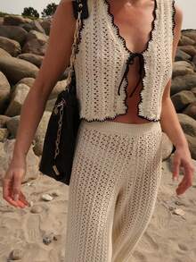 Conjunto de bikini y pantalones de ajuste ceñido de estilo vintage de ganchillo sexy de la chica de la isla de vacaciones VIBEWAVE - Albaricoque - Ver 6