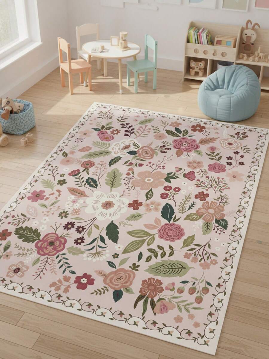 1pc Pink Floral Decorative Carpet, Living Room Rug, Area Rug, Living Room Area Carpet, Small Area Mat, Home Decor, Large Living Room Carpet, Round Carpet, Home Living Room Decor, Room Decor, Washable Rug - Multicolor - View 1