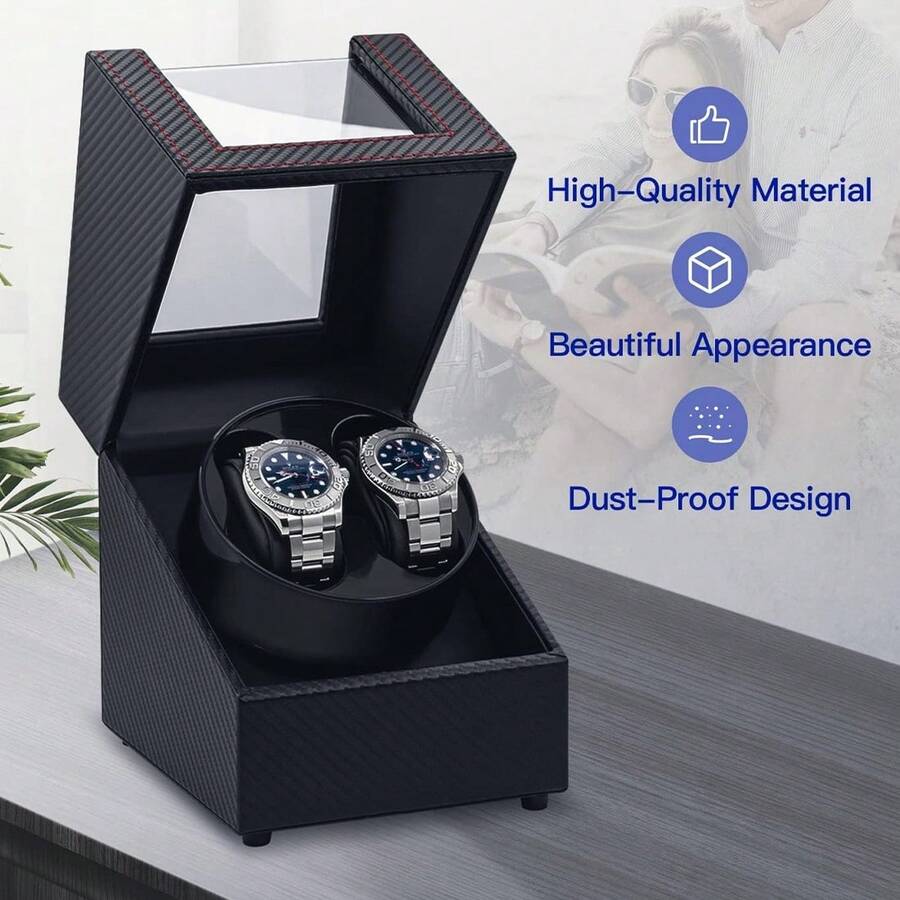 Automatic Double Watch Winder Display Box Rotator Watches Display Case Organizer - Black - View 1