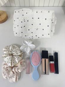 Stripped Pattern Fluffy And Soft Women Makeup Bag Travel Zipper Cosmetic Bag Storage Pouch Cute Gingham Toiletry Bag Back To School Supplies Make Up Bag - Đen và trắng - Xem 2