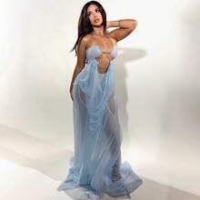 Summer New European And American Style Vacation Sexy Hot Girl Mesh See-Through Low-Cut Halter Dress For Women - Thành phần: 95% polyester, 5% spandex; trọng lượng tối đa 0,44 kg - Xem 1