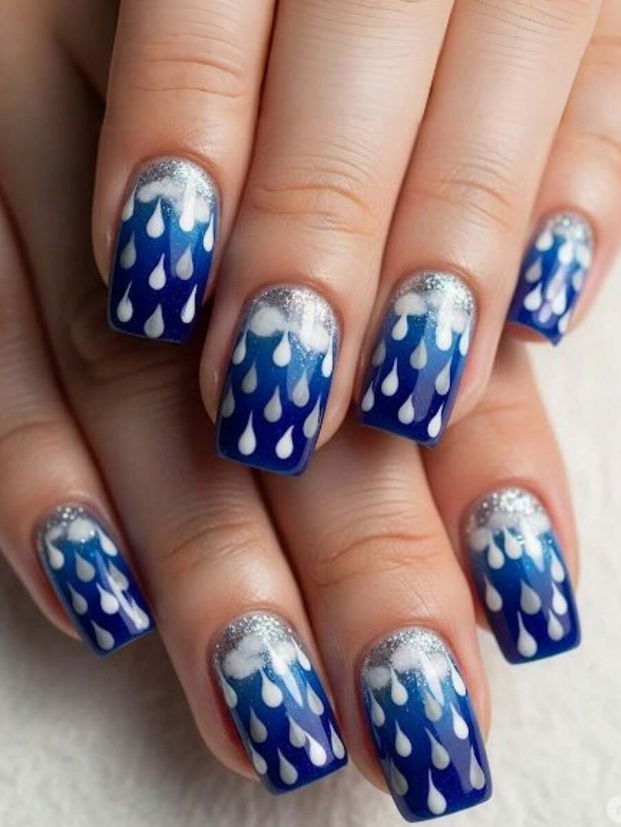 24片白色雨滴图案蓝色自粘假指甲，美甲用品，Y2K美甲 - 藍色 - 查看 1