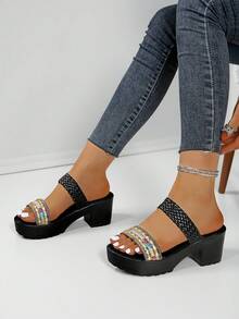 Women's Woven Slip-On High Heel Sandals, Fashionable Minimalist Slip-On Chunky Heel Black Platform Sandals - Black - View 5