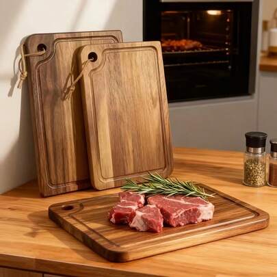 3-Piece Wooden Cutting Board Set, Large/Medium/Small, Grooved Wooden Chopping Board, Portable Hanging Hole Design, Kitchen Cutting Board, Multi-Purpose Hardwood Board, Outdoor Fruit Board, Suitable For Hotel, Home, Outdoor, Camping