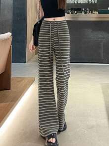 女士条纹喇叭休闲运动裤，高腰显瘦宽松版型，春季新款 - 灰色 - 查看 4