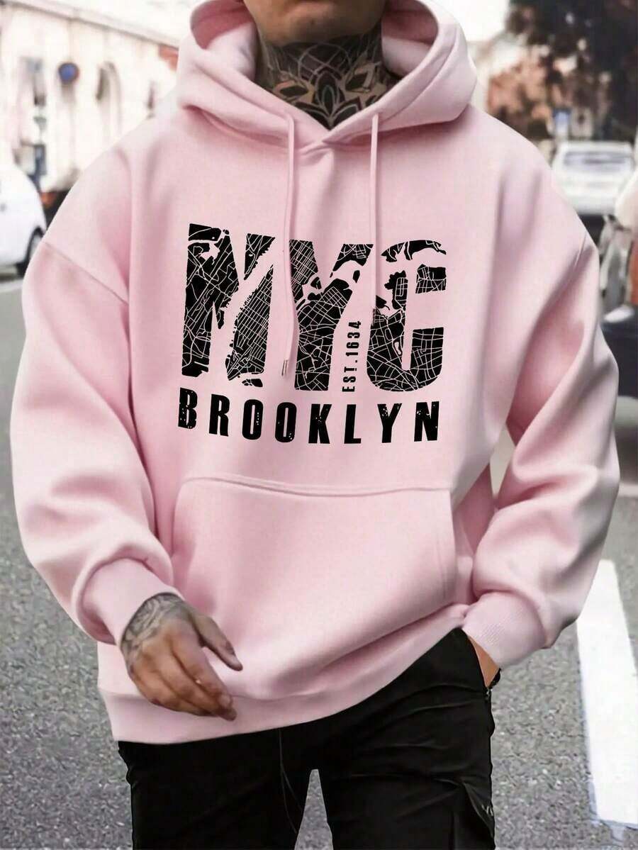 Preppy Lettering Men's Casual Street Hoodie, Drawstring Pocket, Slogan Print, Spring/Autumn, Long Sleeve TopLoose And Comfortable,Casual And Easy-Goin,Valentine's Day Hoodie For Couples,New Years Outfit Women - 粉色 - 查看 1