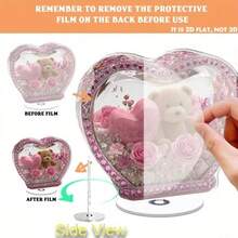 Đồ trang trí 2D phẳng - 1 chiếc hình trái tim bằng acrylic có đế xoay 360° | Hoa hồng hồng và gấu bông ở giữa, có nắp vòm, quà tặng lãng mạn cho ngày Valentine, sinh nhật, không cần nguồn điện. - Nhiều màu - Xem 6