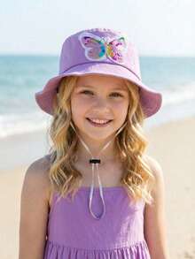 1pc Girls' Sequin Butterfly Bucket Hat, Spring/Summer Children Sun Hat, Adjustable Toddler Windproof Bucket Hat - Purple Bow - View 3