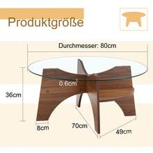 Round, Modern Side Table In Tempered Glass (Ø 80 Cm), With A Multifunctional Design. Fan-Shaped Base. MDF Legs With A Walnut Finish. Ideal For Dining Room, Living Room, Office, Etc. - Walnut Wood Color + Transparent Glass + Medium Density Fiberboard - View 12