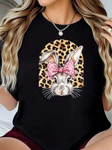 Easter Day Art-Shirt Happy Easter Day Face Bunny With Leopard Print And Bow-Shirt] Graphic Tees Men Crop Tops Couple Tee Art Outfits Men-Shirt - 黑色 1pcs WOMEN1 - 查看 9