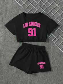 Girls Letter Print Loose Short Sleeve T-Shirt And Shorts Set, Featuring Simple Korean Style Round Neck Design, Fashionable Cropped Design, Suitable For Summer Wear - Black - View 1