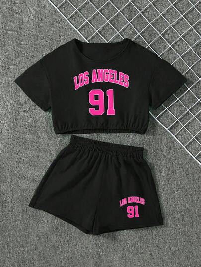 Girls Letter Print Loose Short Sleeve T-Shirt And Shorts Set, Featuring Simple Korean Style Round Neck Design, Fashionable Cropped Design, Suitable For Summer Wear