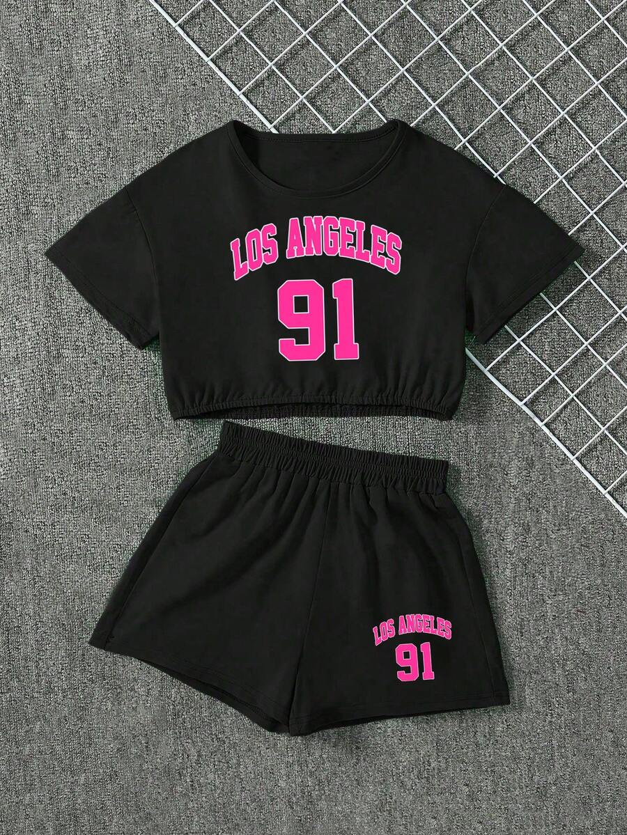 Girls Letter Print Loose Short Sleeve T-Shirt And Shorts Set, Featuring Simple Korean Style Round Neck Design, Fashionable Cropped Design, Suitable For Summer Wear - Black - View 1