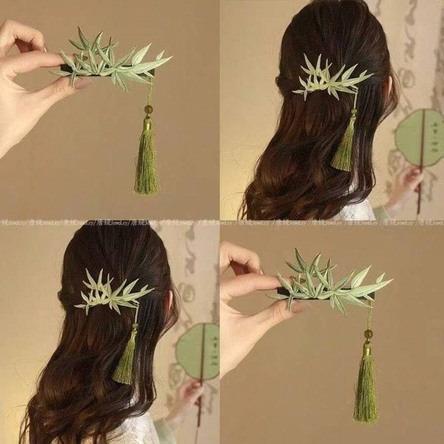 1pcs Chinese Bamboo Floral Hairpin - Elegant Vintage Hair Clip With Green Bamboo Leaves, Non-Damaging Spring Clip For Women's Updos, Braids, Buns - Wedding, Party, Everyday Hairstyle Accessory - Asian Beauty Decoration, Chinese Hair Accessories, Traditional Hairstyle, Delicate Tassels, Intricate Detailing, Decorative Hairpiece, Bridal Accessories - 2pcs - 查看 1