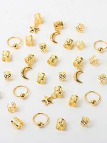 30件套金色3D星月装饰套装，波西米亚风可爱嘻哈发夹、发箍、发卡，开斋节礼物，派对配饰 - 金色 - 查看 2