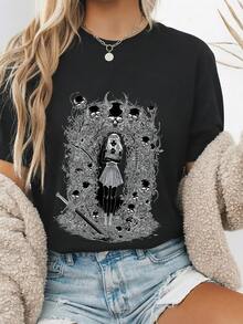Vintage Unisex Anime T-Shirt Japanese Manga Graphic Tee 100% Cotton Short Sleeve Crew Neck Dark Fantasy Horror Girl With Sword Skulls Demon Skeleton Illustration Gothic Aesthetic-2 - 黑色1 - 查看 2