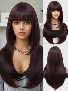 XOUJE 26英寸长直发合成假发，红棕色，带刘海，层次分明设计，打造自然发际线，适合初学者，时尚百搭，日常佩戴、约会、度假、摄影、角色扮演、优雅派对、音乐节、休闲聚会等场合皆宜。耐热假发。 - 紅木色 - 查看 1