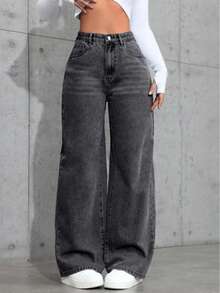 Casual Ombre High Waist Wide Leg Jeans, Suitable For Everyday Wear - Black - View 3