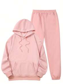 Women's Loose-Fit Stylish Sports Hoodie & Pants Set - Featuring "NO WORRIES GOD Got Me" Graphic, Hooded, Long Sleeve, Plain Base Design, Spring Women's Outdoor & Casual Two-Piece, Suitable For Home, Leisure & Daily Wear, Fits Teens To Adults | Comfortable All-Age Women's Spring Activewear Set - 粉色 - 查看 2