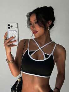 女士黑白时尚可拆卸衬垫前后背心式运动针织文胸 - 黑色 - 查看 4