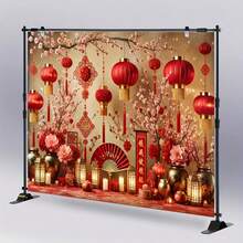 1 Piece, Polyester Chinese Asian New Year Theme Party Background, Chinese Spring Festival Celebration, Red Lanterns, Flowers, Photography Background, New Year Party, Adult Photography Props