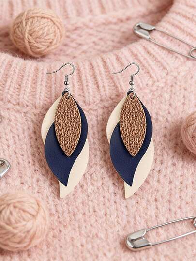 一对复古树叶造型三层皮革耳环，时尚百搭的秋冬配饰，长款耳环，女士礼物