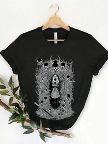 Vintage Unisex Anime T-Shirt Japanese Manga Graphic Tee 100% Cotton Short Sleeve Crew Neck Dark Fantasy Horror Girl With Sword Skulls Demon Skeleton Illustration Gothic Aesthetic-2 - 黑色1 - 查看 3