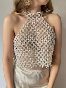 ZHENGHEN Sweet Collegiate Style Pearl Strap Top, Delicate Pearl Embellished Design, Sexy Backless Design Showcases Feminine Charm. - White - View 6