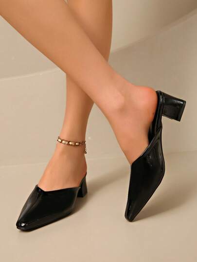 女士时尚方头套脚粗跟穆勒鞋，舒适高跟，适合派对和聚会等场合，秋冬季