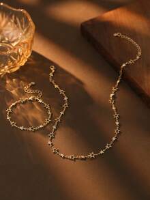 2 Pieces Star-Shaped Jewelry Set (Necklace + Bracelet) | Minimalist Elegant Style | Gold-Plated Star Chain & Adjustable Length Design | For Fashionable Women (Evening Dress Outfits & Date Night Matching) - Gold - View 6