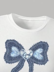 少女卡通印花短袖上衣和牛仔迷你裙套装 - 白色 - 查看 5