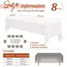 Showgeous 8 Pack Polyester Tablecloth For 182.88cm Rectangle Tables 152.4 X 259.08 Cm Rectangular Fabric Table Clothes Washable Table Covers For Wedding Banquet Restaurant Buffet Parties Camping, - White - View 4
