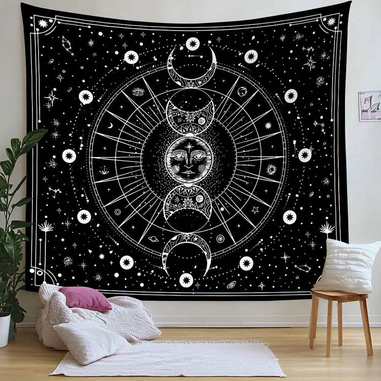 12 Zodiac Constellations Peach Velvet Tapestry Wall Hanging, Digital Printed Decorative Fabric Headboard Hanging, Moon & Star, Space, Mystical Black & White Wall Tapestry For Bedroom Home Decor - Multicolor - View 8