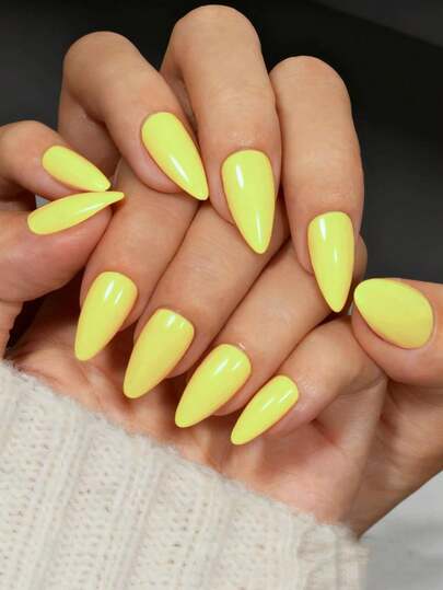 24pcs Almond Shaped Press-On Nails - Minimalist Glossy Yellow Solid Color Medium Length Artificial Nails, Suitable For Women's Daily Wear And Special Occasions, Perfect Gift For Her, Manicure Technique Gift, Exquisite Nail Art Supplies.