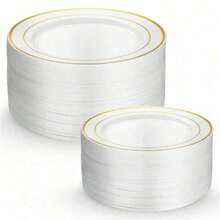 25pcs/Set White Round Plates With Gold Rim (7.5 Inches/10.25 Inches), Reusable And Washable Plates For Wedding, Party, Banquet, Valentine's Day, Thanksgiving, Christmas And Other Occasions, Banquet Tableware, Party Plates, Holiday Design, Stylish Service, Reusable Dinnerware, Easy To Clean, Serving Platters, Catering