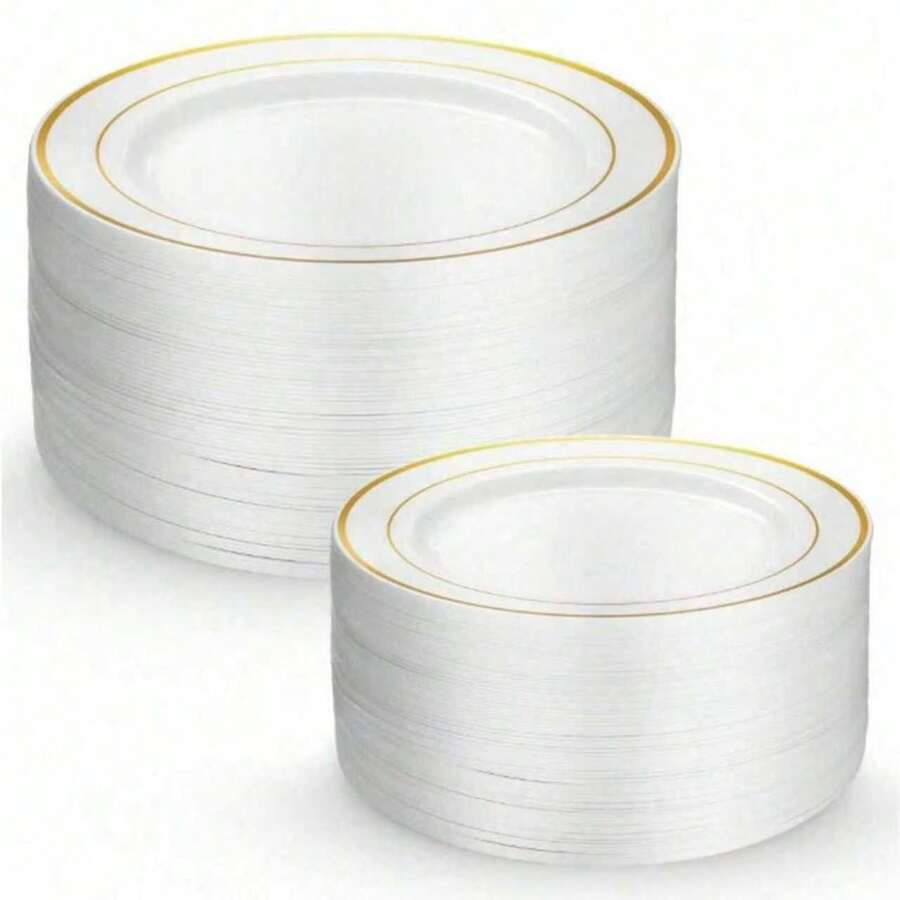 25pcs/Set White Round Plates With Gold Rim (7.5 Inches/10.25 Inches), Reusable And Washable Plates For Wedding, Party, Banquet, Valentine's Day, Thanksgiving, Christmas And Other Occasions, Banquet Tableware, Party Plates, Holiday Design, Stylish Service, Reusable Dinnerware, Easy To Clean, Serving Platters, Catering