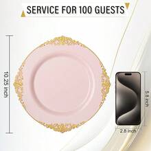 100PCS Pink And Gold Plastic Plates - 10.25Inch Pink Disposable Plates - Plastic Dinner Plate For Weddings Parties Christmas - 粉色 - 查看 3