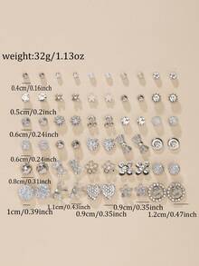 Bộ 30 đôi bông tai nữ, nhiều kiểu dáng khác nhau, bao gồm nơ, trái tim, đá quý, ngôi sao, hoa, kiểu dáng thường ngày, thích hợp làm quà tặng/đi nghỉ mát. - Bạc - Xem 5