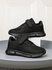 1 Pair New Kids Hook & Loop Sports Shoes, Breathable Mesh Upper, Non-Stuffy, Black, Soft Sole, Comfortable, Durable, Versatile Casual Sneakers For Boys And Girls, Ultra Lightweight, Soft Sole, Shock Absorbing - Black - View 3