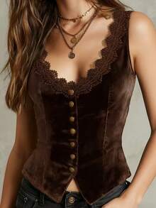 Women's V-Neck Velvet Vest, Lace Trim And Button Design Velvet Camisole
