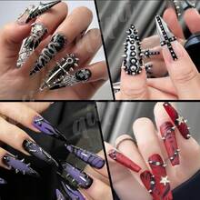 3D Metal Punk Bullet Rivet Nail Charms Flat Bottomed Alloy Pointed Cone Spike Silver Nail Art Pearls Gems Studs Steel Beads Balls Acrylic Nails Goth Manicure Women Crafts Decor - Matallic Silver Spikes Set - 查看 6