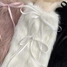 2026 NEW Y2K Warm Faux Fur Furry Leg Warmers Women, Winter Fuzzy Long Boot Cuff Covers 15.7in Bow Fluffy Leg Warmers, - 白色 - 查看 6
