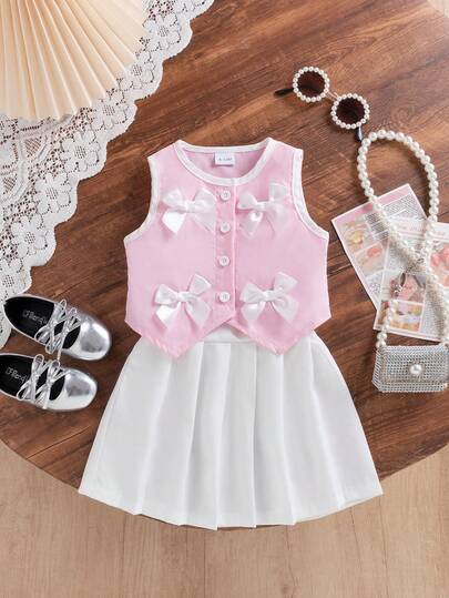 2pcs Baby Girl Summer Fashion Sweet Preppy Bow Top And Pleated Skirt Set, Suitable For Daily, Outdoor, School, Commute, Vacation, Party, Photography