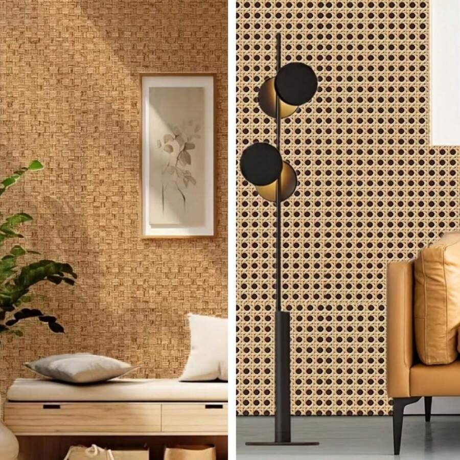 1 rolo de papel de parede texturizado imitando rattan em formato de favo de mel, autoadesivo e removível, ideal para armários, gavetas, guarda-roupas, portas de armários, quartos de hotel, painéis de TV, paredes e decoração de móveis. Dimensões: 45 cm x 500/300/100 cm.