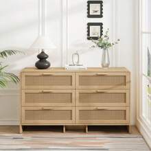 130 Cm Long, Arched Corner Rattan Cabinet With 6 Drawers, Suitable For Living Room, Bedroom And Kitchen, Natural - 卡其色 - 查看 5
