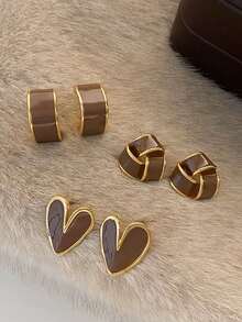 3对简约优雅柔美高端几何心形珐琅水滴耳环套装，适合女性日常、通勤、度假、派对佩戴 - 棕色 - 查看 4