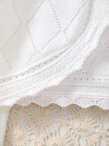 Girls' Spring Elegant Hollow Design Argyle Pattern + Exquisite Lace Trim Knitted Cardigan, Gentle And Sweet, Suitable For Daily Wear Or Outings - White - View 4